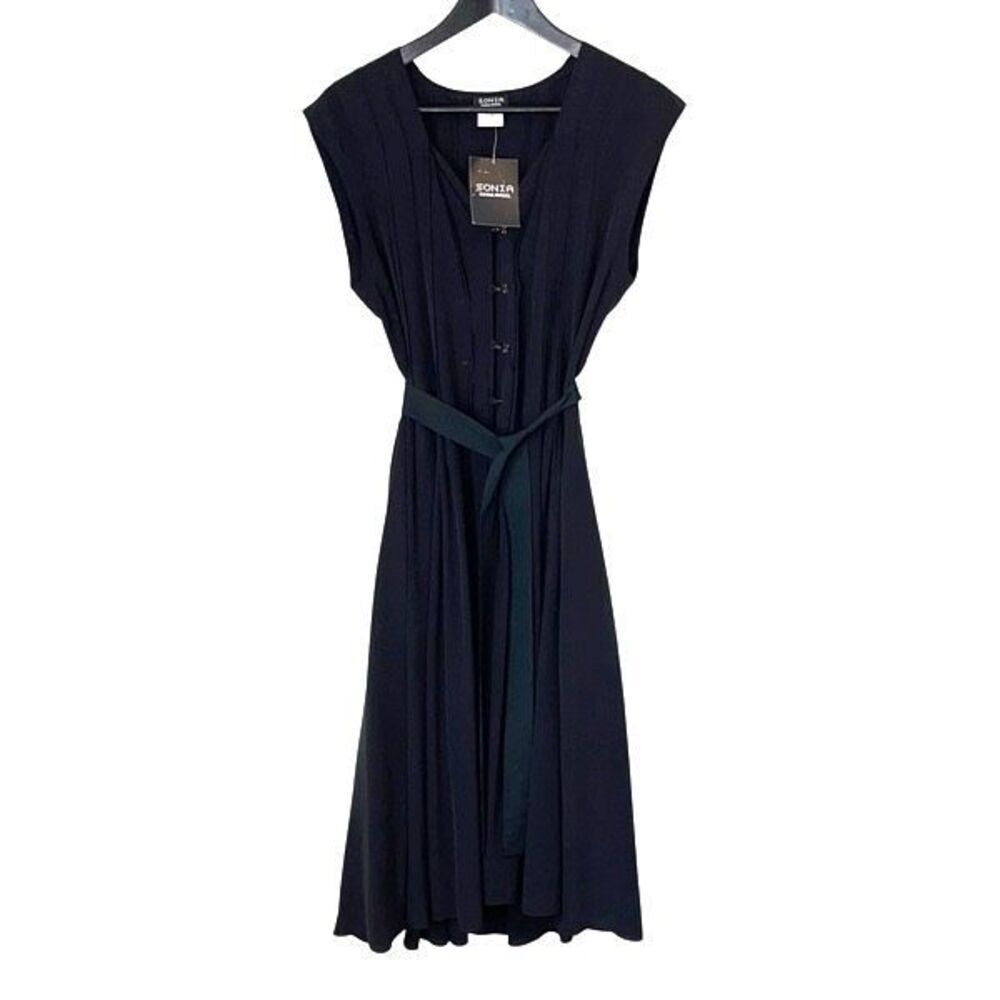 Sonia Rykiel Womens Cap Sleeve Pleated Belted Fit & Flare Dress Black Sz 40 NWT